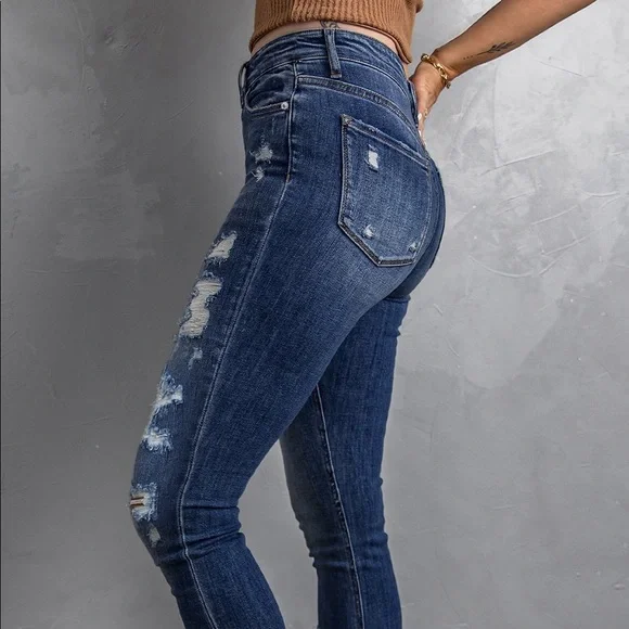 Dark Wash Distressed Skinny Jeans - Picture 6 of 9